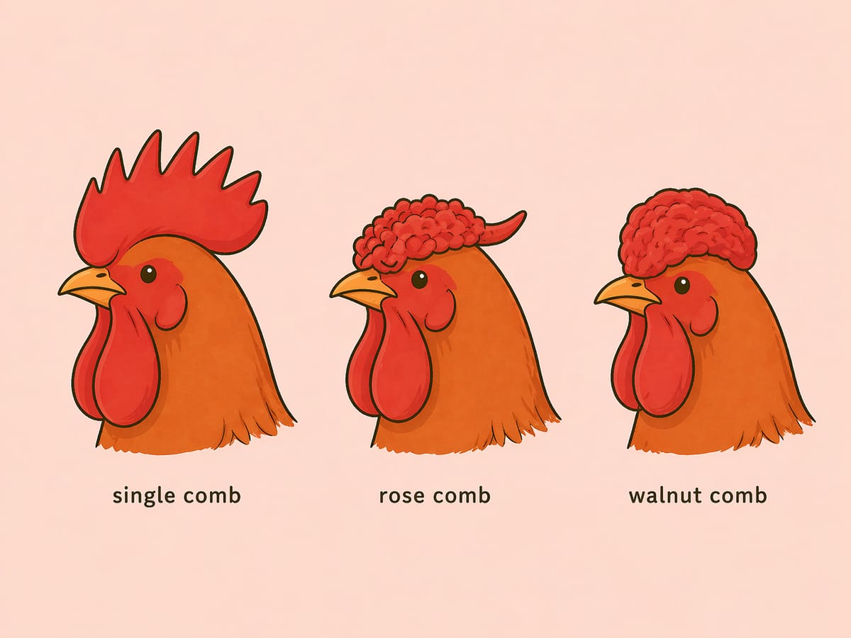 鶏の3種類のとさか形態比較：左から一枚冠（single comb）・薔薇冠（rose comb）・くるみ冠（walnut comb）