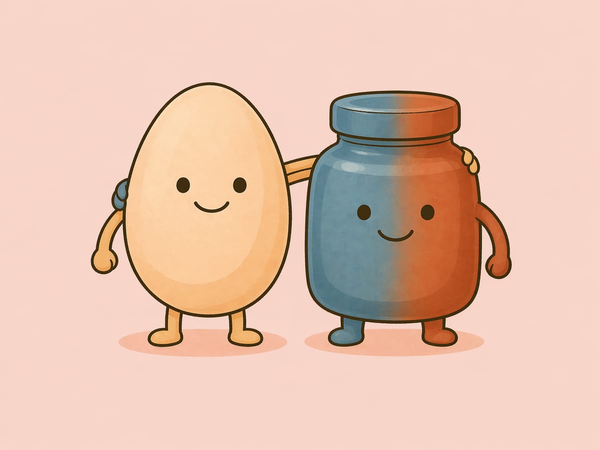 卵キャラと色素瓶キャラが肩を組んでいるイメージイラスト。卵の色と色素の量が対応関係にあることを擬人化で表現