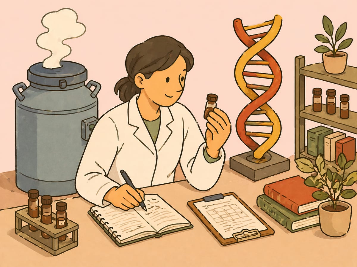 日本の在来鶏の遺伝資源を凍結保存と遺伝子解析で守る研究現場のシーンイラスト。液体窒素タンクから蒸気が立ち上がり、研究員が試験管を扱う傍らに DNA らせんのシンボルが描かれている