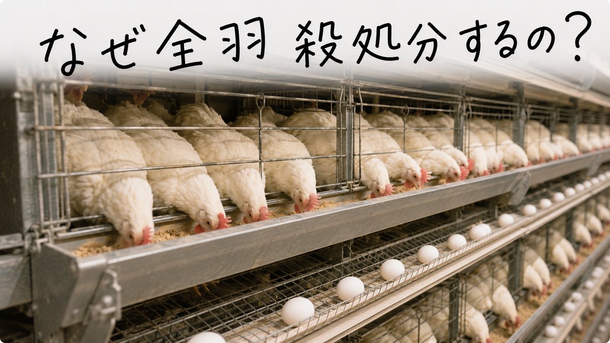 金網のバタリーケージにびっしり並ぶ白い採卵鶏の実写写真。前面の飼槽から頭を出して餌を食べ、産まれた卵が前のふちの集卵ベルトに一列に転がり並ぶ。黒い手書きの文字で「なぜ全羽 殺処分するの?」