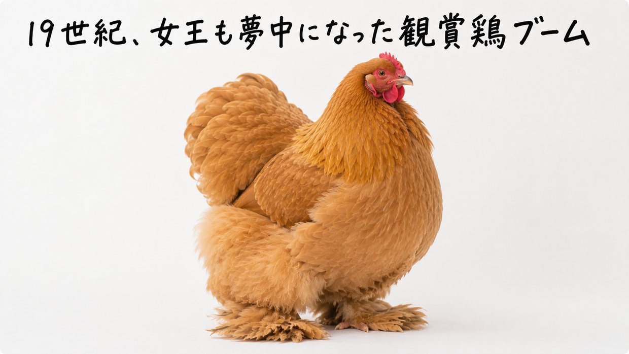 羽が脚までふさふさと生えた、大きくて丸いコーチン種のニワトリの実写写真。手書きの文字で「19世紀、女王も夢中になった観賞鶏ブーム」
