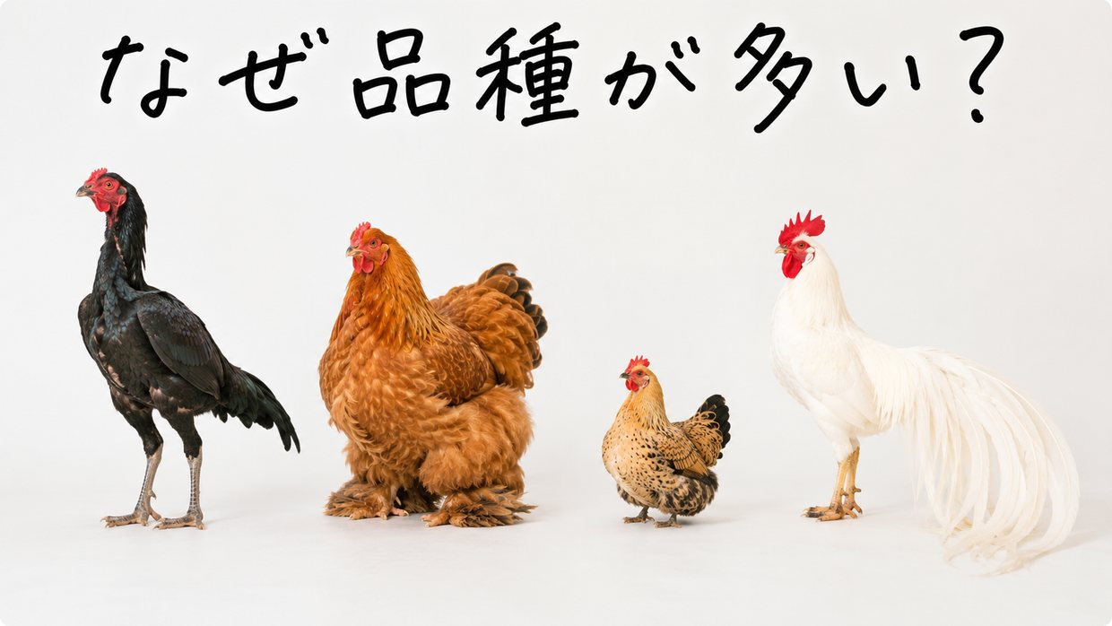 大きさも形もちがう数種類のニワトリ（背の高い軍鶏、小さなチャボ、羽のふさふさしたコーチンなど）が並ぶ実写写真。上に手書きの文字で「なぜ品種が多い？」
