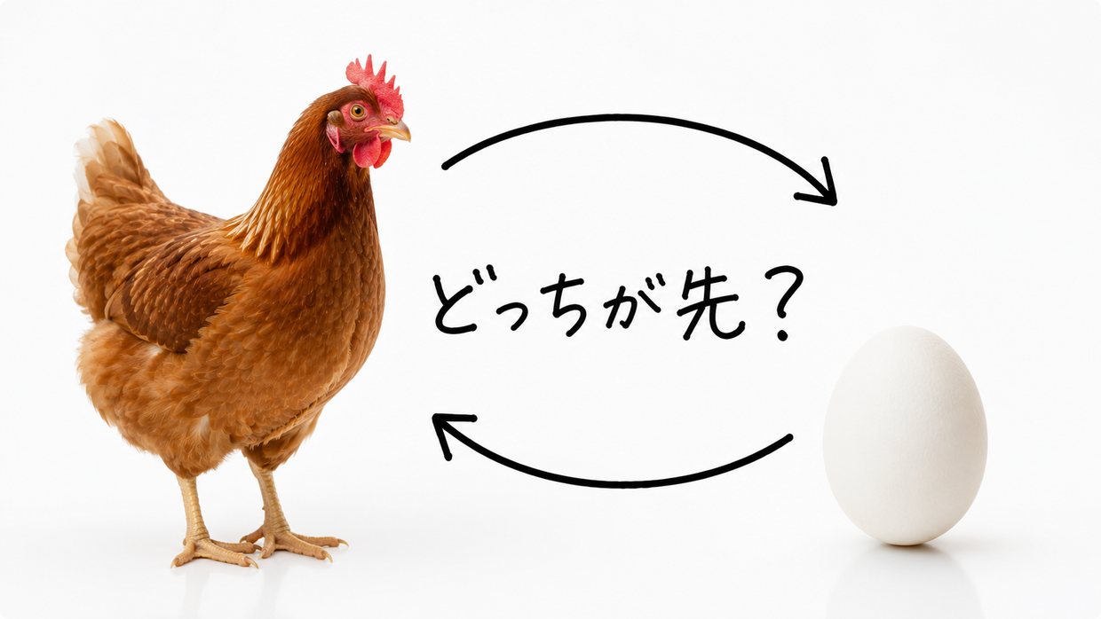 ニワトリと卵が並んだ実写写真。手書きの文字で「どっちが先？」と、両者をつなぐ循環する矢印が書かれている。