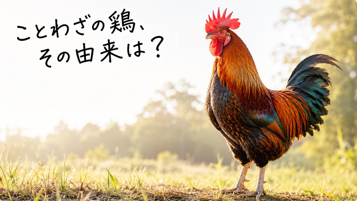 朝、くちばしを大きく開けて鳴くニワトリ（オス）の実写写真。手書きの文字で「ことわざの鶏、その由来は？」