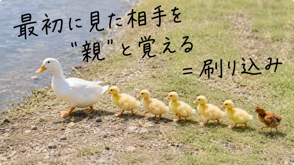 池のほとりで、先を歩く母アヒルとアヒルの子たちのあとを、一羽の茶色いニワトリのヒナがついて歩く実写写真。手書きの文字で「最初に見た相手を“親”と覚える＝刷り込み」