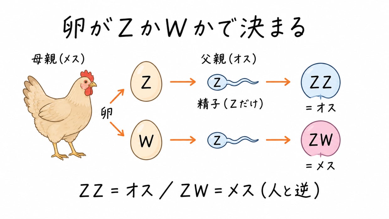 ニワトリの性染色体の説明イラスト。母親からはZの卵とWの卵の二種類、父親からはZの精子だけ。矢印で合わさり、Zの卵=オス、Wの卵=メスになる、と示す。手書きの黒い文字で「卵がZかWかで決まる」「ZZ=オス/ZW=メス(人と逆)」。