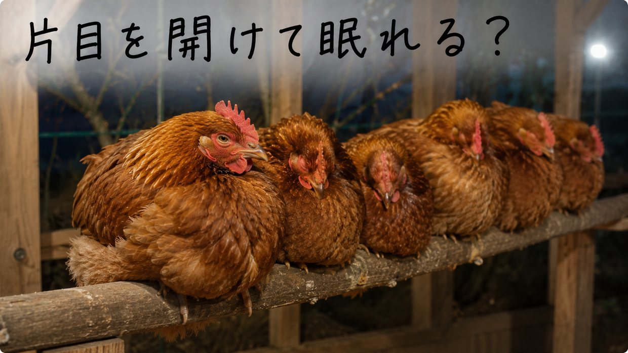 止まり木の上で目を閉じて眠るニワトリと、その群れのはしで片目だけを開けた一羽の実写写真。手書きの文字で「片目を開けて眠れる？」