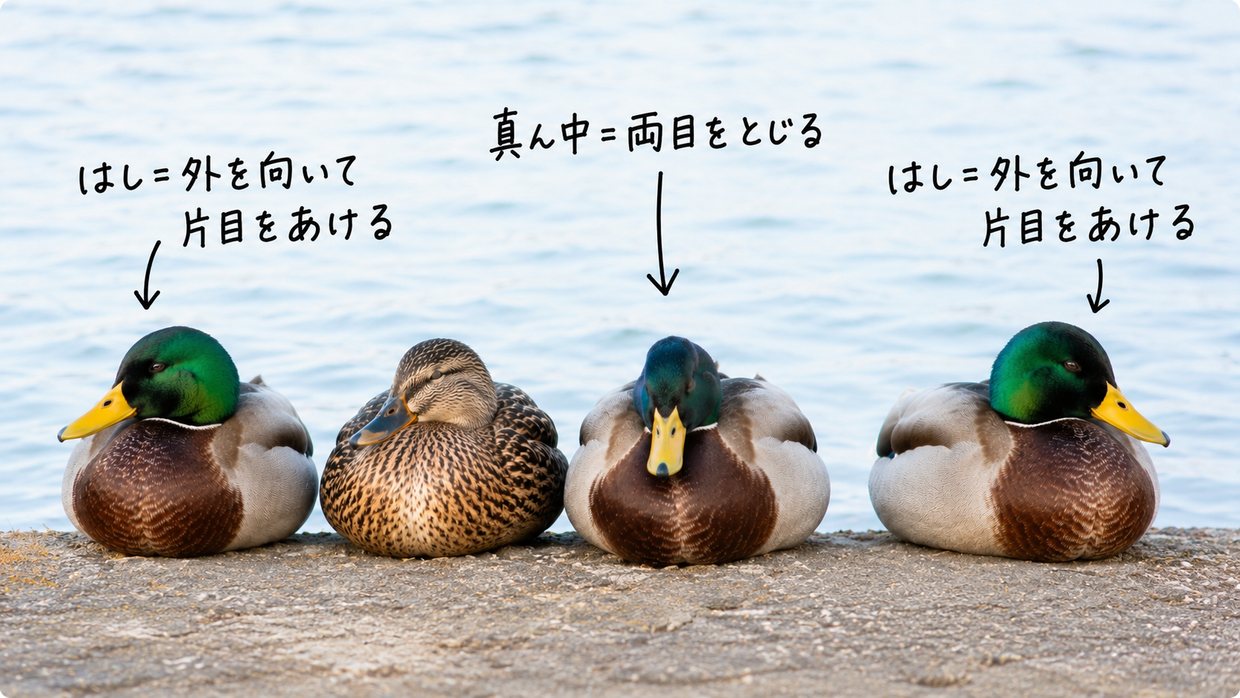 水辺で一列に並んで眠るカモの実写写真。真ん中の個体は両目を閉じ、列のはしの個体だけが外を向いた片目を開けている。手書きの文字で「はしの鳥＝外を向いた片目を開ける」「真ん中＝両目を閉じる」と示す