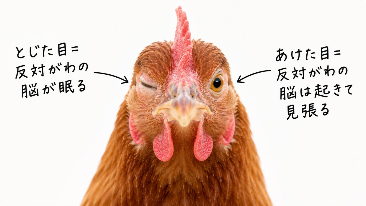正面を向いたニワトリの顔の実写写真。向かって左の目は閉じ、右の目は開いている。手書きの文字で、閉じた目に「とじた目＝反対がわの脳が眠る」、開いた目に「あけた目＝反対がわの脳は起きて見張る」と注釈