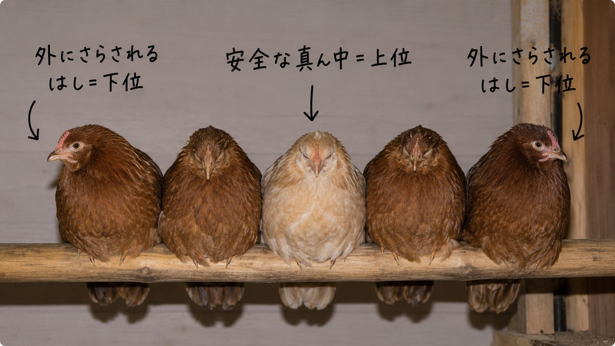夜、一本の止まり木に並んでとまるニワトリたちの実写写真。中央の個体は両目を閉じ、両はしの個体は外を向いて片目を開けている。手書きの文字で「安全な真ん中＝上位」「外にさらされるはし＝下位」と示す