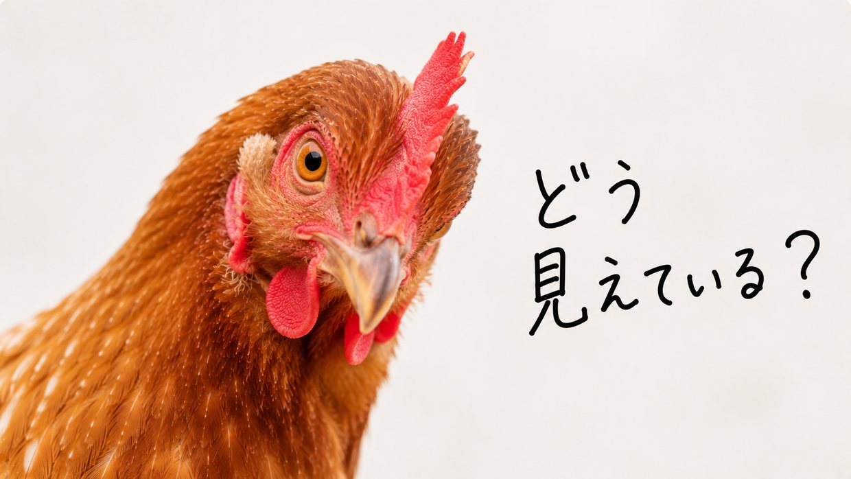 首をかしげ、横についた丸い目でこちらを見るニワトリの顔の実写写真。手書きの文字で「どう見えている?」