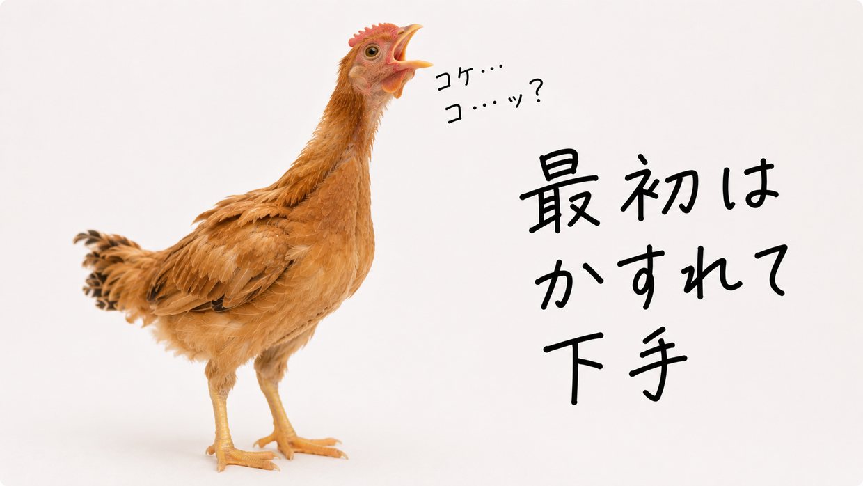くちばしを大きく開けて鳴こうとする若いオスのニワトリの実写写真。手書きの文字で「最初はかすれて下手」