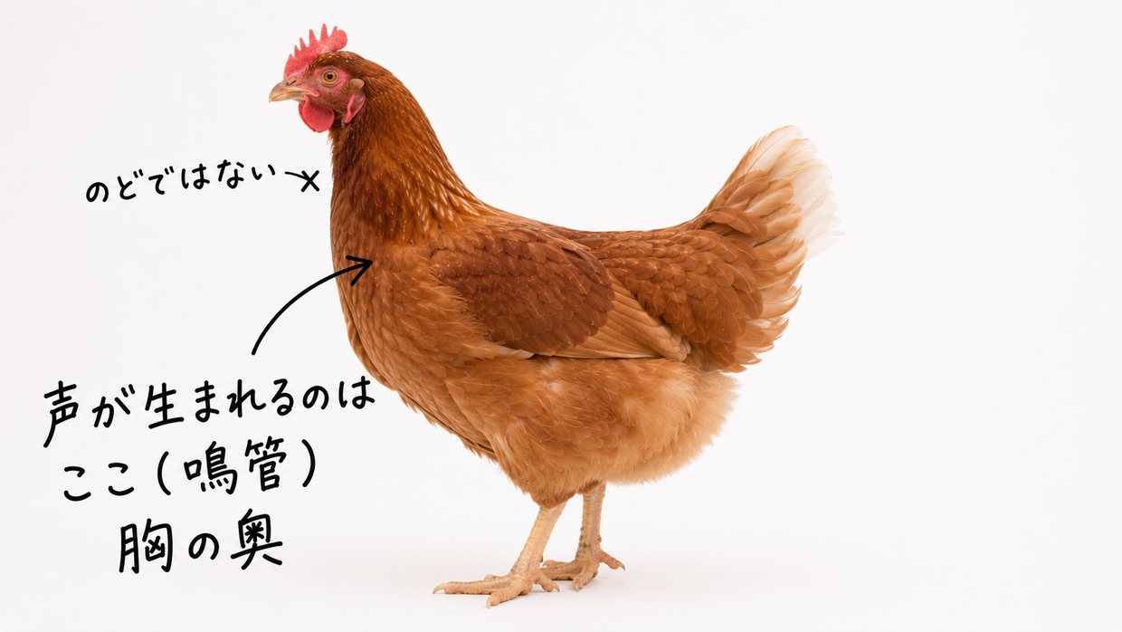 ニワトリの体を横から見たイメージで、のど（声帯）ではなく胸の奥、気管が左右の肺へ分かれる所にある発声器官を示した実写＋手書き図。手書きの文字で「声が生まれるのはここ（鳴管）」
