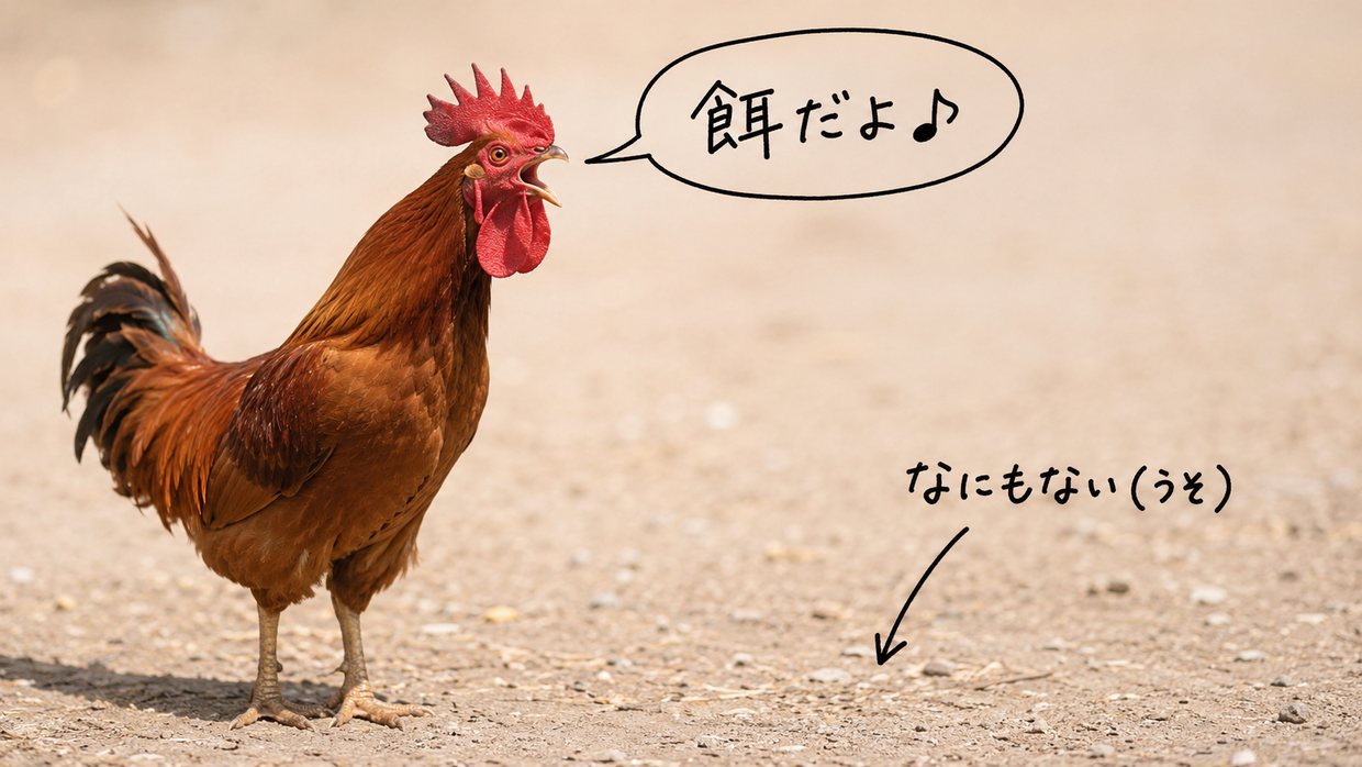 本物のおんどりが口を開けて鳴いている写真に手書きの注釈。口元の吹き出し「餌だよ♪」と、空っぽの地面を指す矢印「なにもない（うそ）」