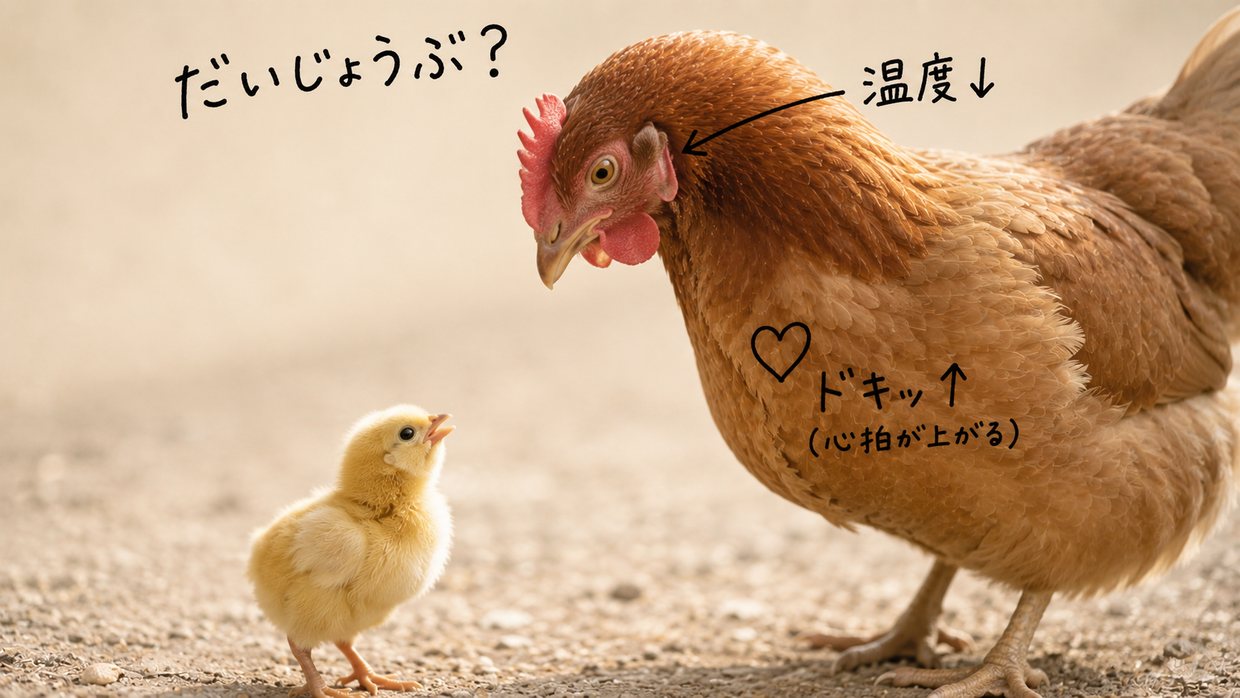 本物の母めんどりと小さなひなの写真に手書きの注釈。母の胸にハート「ドキッ↑（心拍が上がる）」、目のまわりに「温度↓」、上に「だいじょうぶ？」