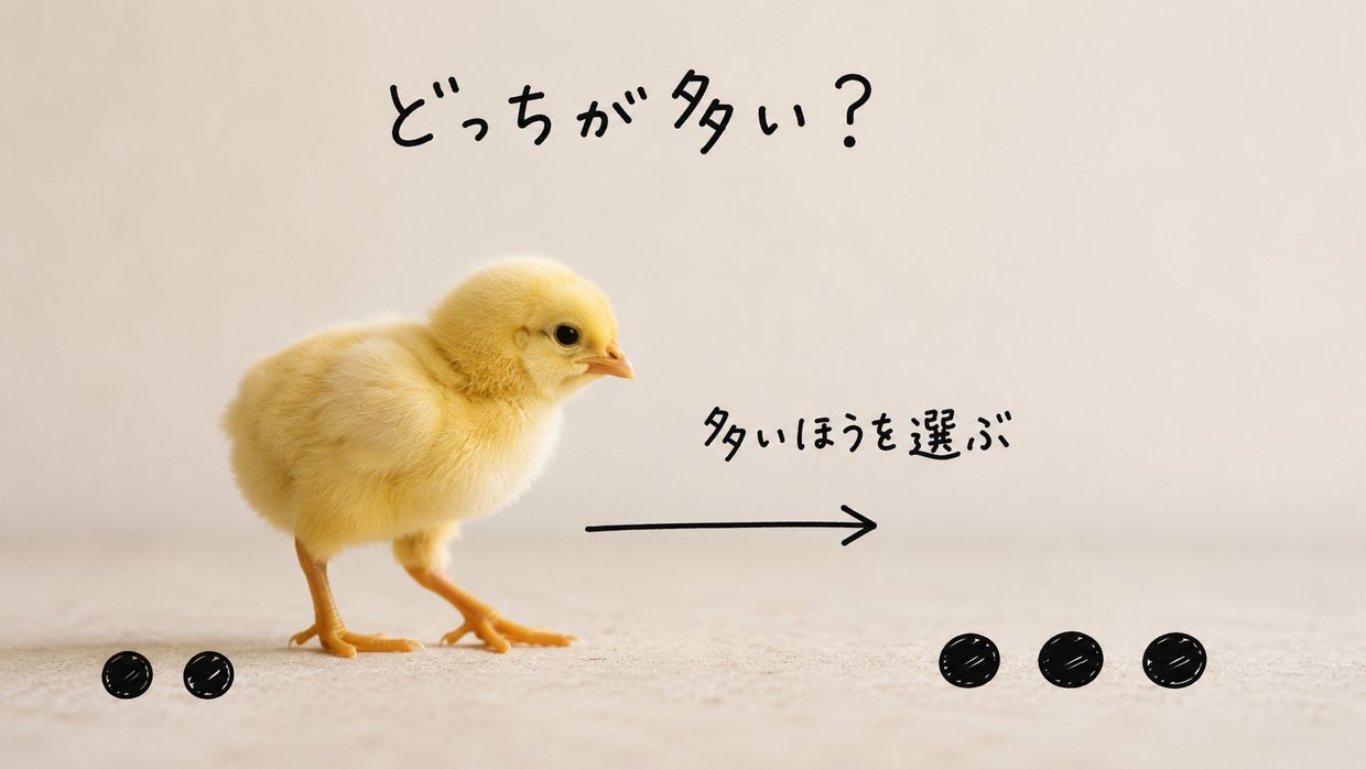 本物のひなの写真に手書きの注釈を重ねた図。左に丸2個・右に丸3個、ひなは数の多い右を向く。手書きの文字で「どっちが多い？」「多いほうを選ぶ」