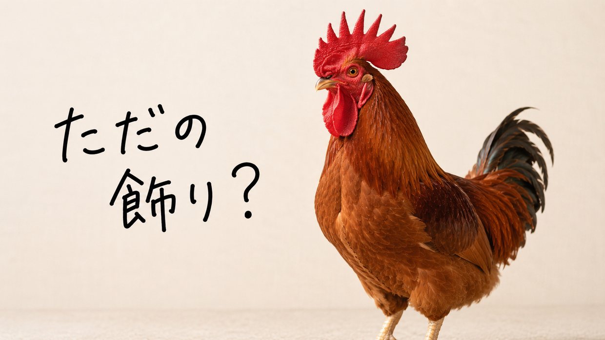 大きく真っ赤なとさかを立てた雄鶏の実写写真。手書きの文字で「ただの飾り？」