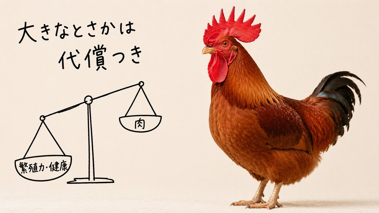大きなとさかの雄の実写写真と、手書きの天秤。天秤は「繁殖力・健康」が下がり「肉」が上がる。上に手書きで「大きなとさかは代償つき」