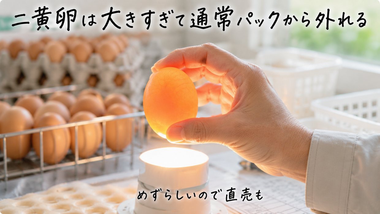 卵を手に持ち、下からの光で中を透かして見る検卵の様子。うしろに卵のトレーが並ぶ。手書きで「二黄卵は大きすぎて通常パックから外れる」「めずらしいので直売も」