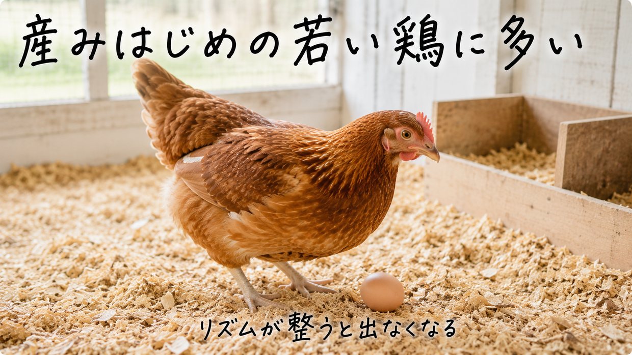 産みはじめの若い鶏と、その卵。手書きで「産みはじめの若い鶏に多い/リズムが整うと出なくなる」