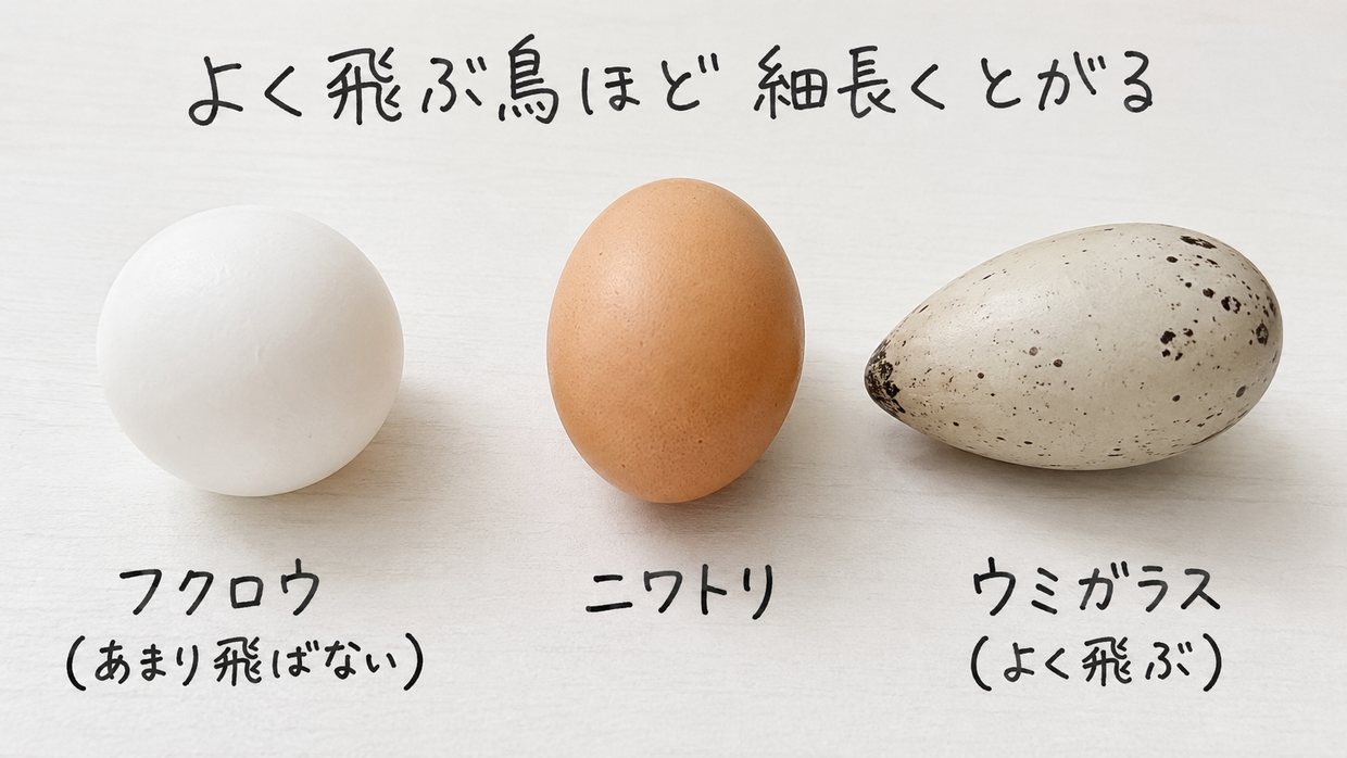 3種類の鳥の卵の形をくらべた実写写真。左＝フクロウのまるい卵、中央＝ニワトリのほどほどの卵型、右＝シギやウミガラスの細長くとがった卵。手書きの文字で「よく飛ぶ鳥ほど 細長くとがる」。