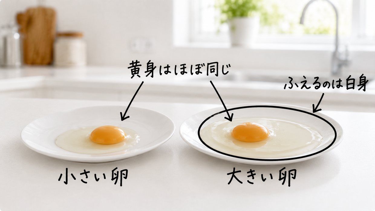 小さい卵と大きい卵を割って皿に並べた比較。大きいほうは白身が広がるが、黄身の大きさはほとんど変わらないことを手描きで示す