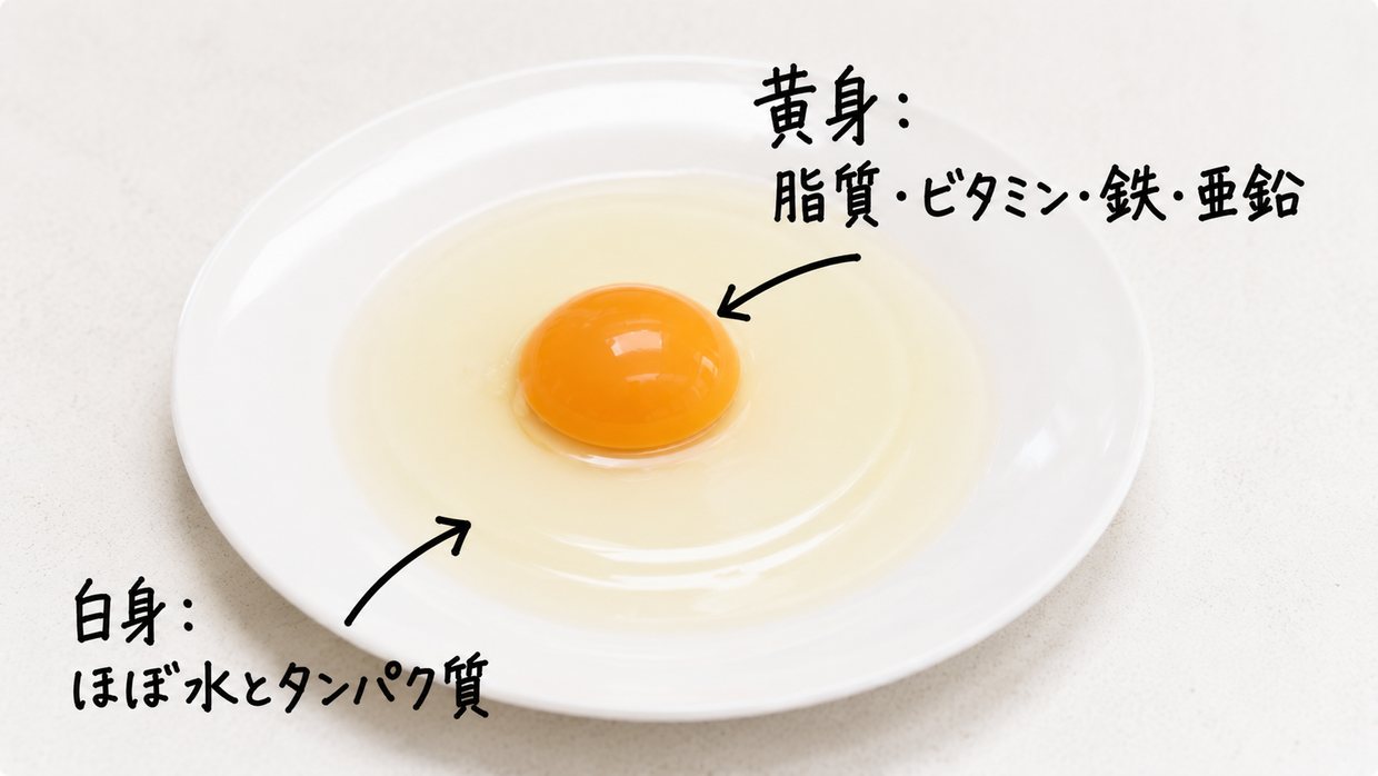 黄身と白身を分け、黄身に脂質・ビタミン・鉄・亜鉛、白身にほぼ水分とタンパク質、と栄養の在り処を手描きで書き分けた図