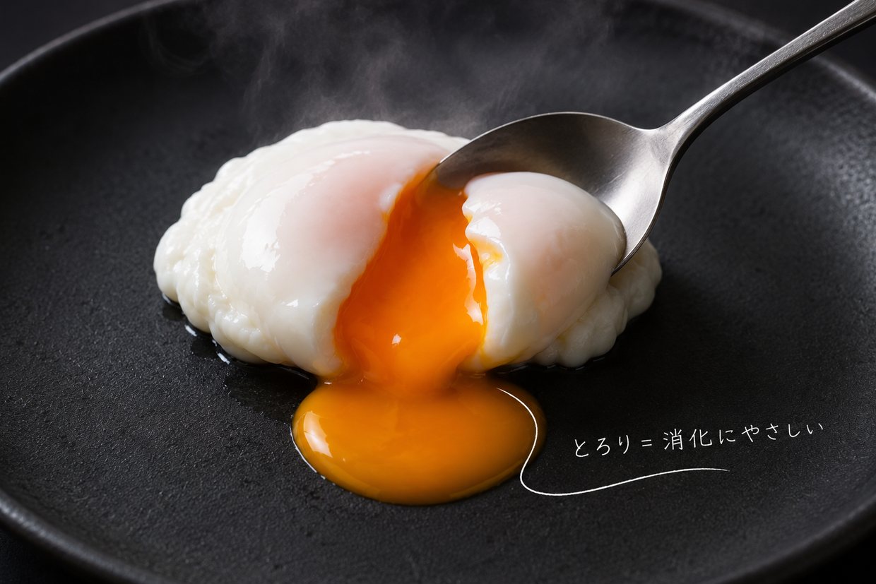 黒い器の上で、半熟卵をスプーンで割りとろりと黄身が流れ出る。手描きで「とろり＝消化にやさしい」