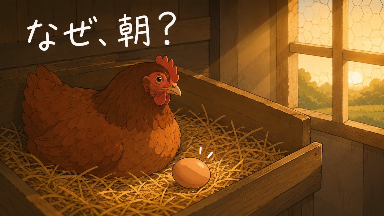 明け方の鶏舎のイラスト。巣の藁の上にすわる茶色いめんどりと、その前に産みたての卵。窓から朝の光が差す。手書きの文字で「なぜ、朝?」