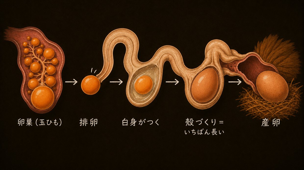鶏が卵をつくるしくみのイラスト。左から、卵巣で大きさ順に育つ黄身の房(玉ひも)→排卵→卵管を下りながら白身がつく→殻づくり(いちばん長い)→産卵、と左から右へ流れる。各段に手書きのラベル