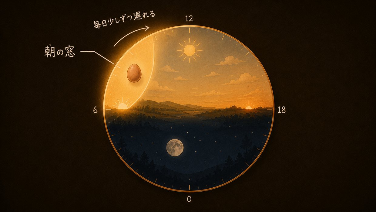 1日24時間を表す丸い時計のイラスト。上が昼の12時、下が真夜中の0時、左が朝6時、右が夕方18時。朝(左上、6〜12時)が夜明けの光で明るい「窓」になり、その中に茶色い卵。手書きの白い文字で「朝の窓」「毎日少しずつ遅れる」
