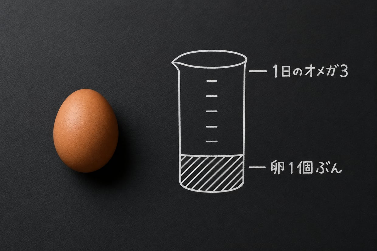 黒い台に茶色い卵が1個。右に手描きのビーカー。目盛りの上が「1日のオメガ3」、下の塗られた部分が「卵1個ぶん」で、1日にとりたい量の一部であることを示す