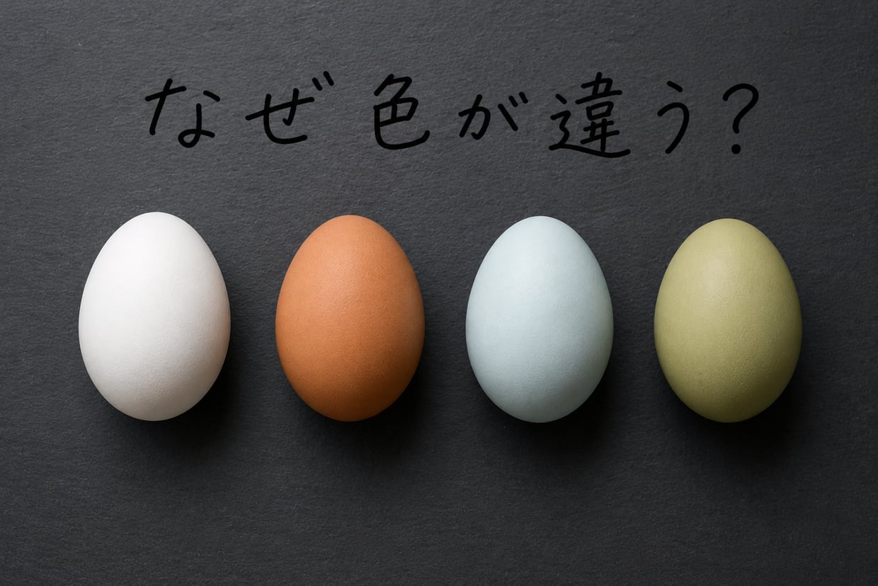 濃い色の台に、白・茶・青・緑の殻の卵が横一列に並ぶ。上に手書きで「なぜ色が違う?」