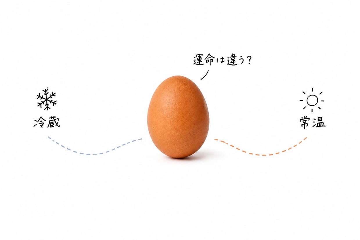 茶色い卵が1個。左に「冷蔵」、右に「常温」と道が分かれ、置き場所で卵の運命が変わるかを問う