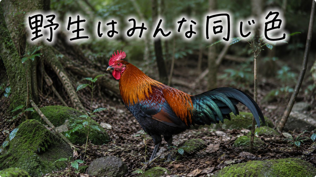 森にいる野生のセキショクヤケイ（オス）の実写写真。赤金と黒の羽、緑がかった尾。手書きで「野生はみんな同じ色」