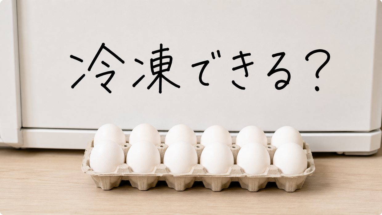 卵のパックが冷凍庫の扉の前にあり、「冷凍できる?」と問う。凍らせていい卵かを考える場面