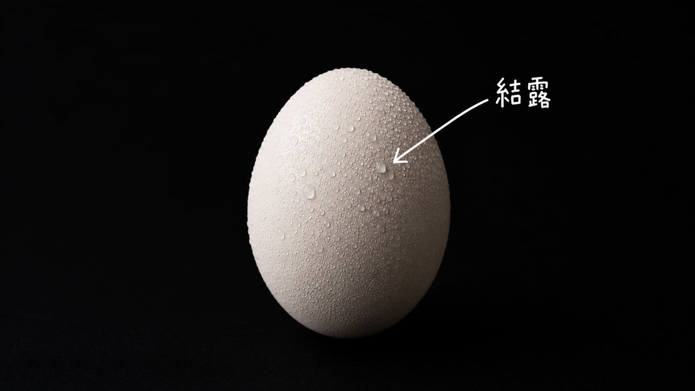 冷えた卵を暖かい場所に出すと、殻の表面に結露(水滴)ができる様子