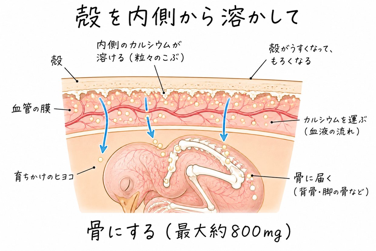 卵の殻の断面を拡大した説明イラスト。殻の内側にあったカルシウムのこぶが溶けて殻がもろくなり、膜の血管がカルシウムを運んで、育ちかけのヒヨコの骨が白く色づいている。手書きの黒い文字で「殻を内側から溶かして」「骨にする（最大約800mg）」。