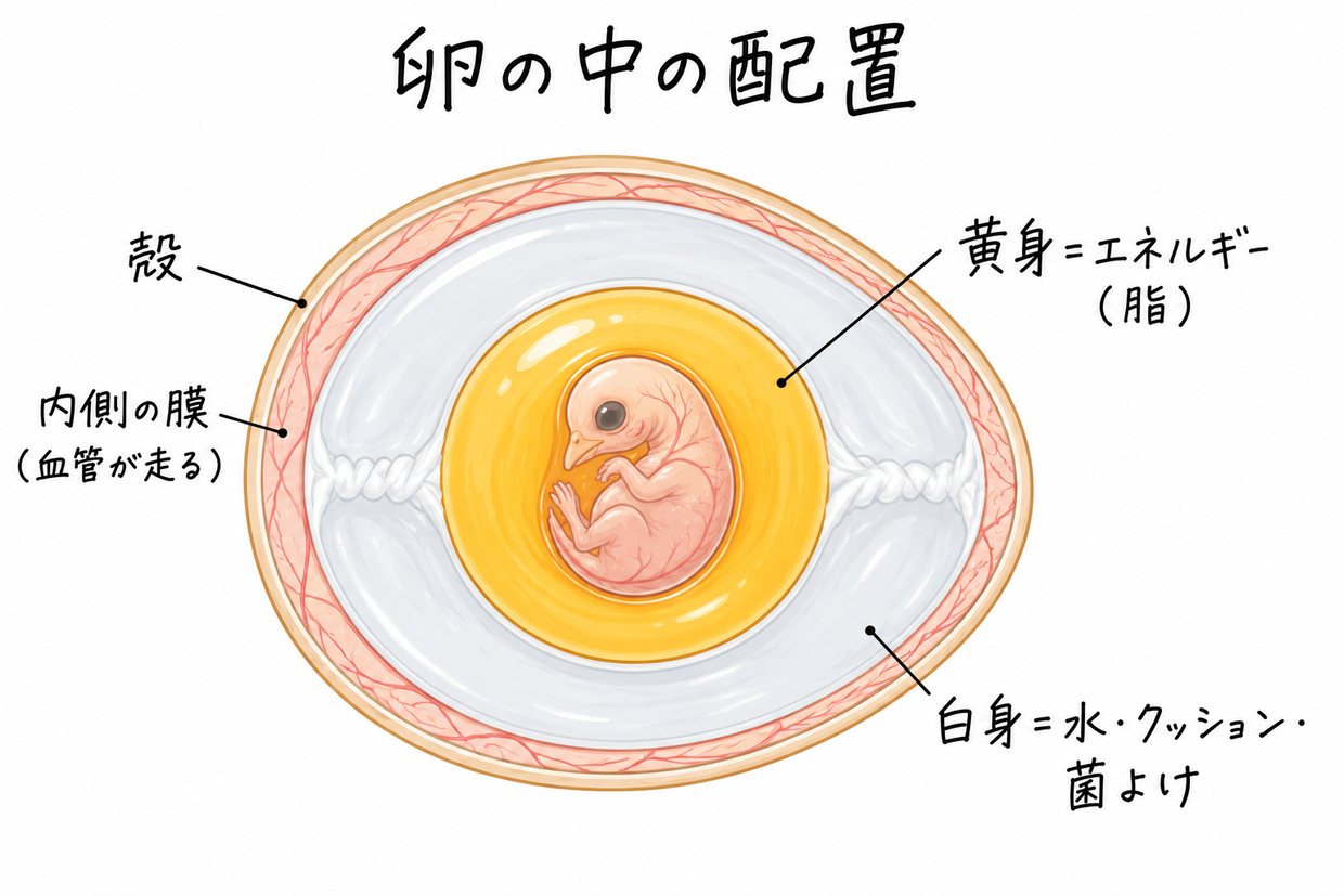 卵の中身の配置を示した断面の説明イラスト。中央に育ちかけのヒヨコ、まわりに黄身と白身、殻の内側に血管の膜。黄身に手書きの黒い文字で「黄身＝エネルギー（脂）」、白身に「白身＝水・クッション・菌よけ」。