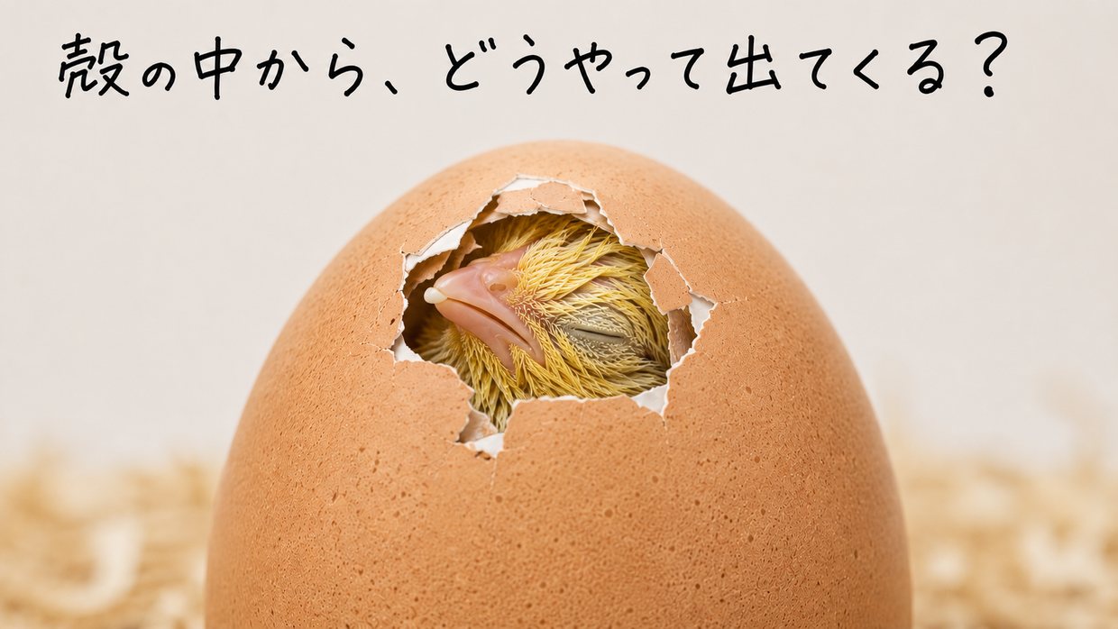 殻にヒビが入り、割れ目からぬれたヒヨコのくちばしと頭が少しのぞいている実写写真。上に手書きの黒い文字で「殻の中から、どうやって出てくる？」と書かれている。