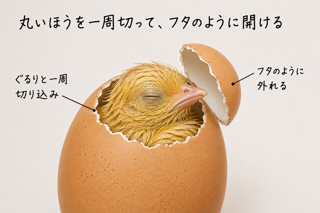 卵の丸いほうのまわりを一周近く切って、殻がフタのように外れ、ぬれたヒヨコが出てくるようすの説明イラスト。手書きの黒い文字で「丸いほうを一周切って、フタのように開ける」。
