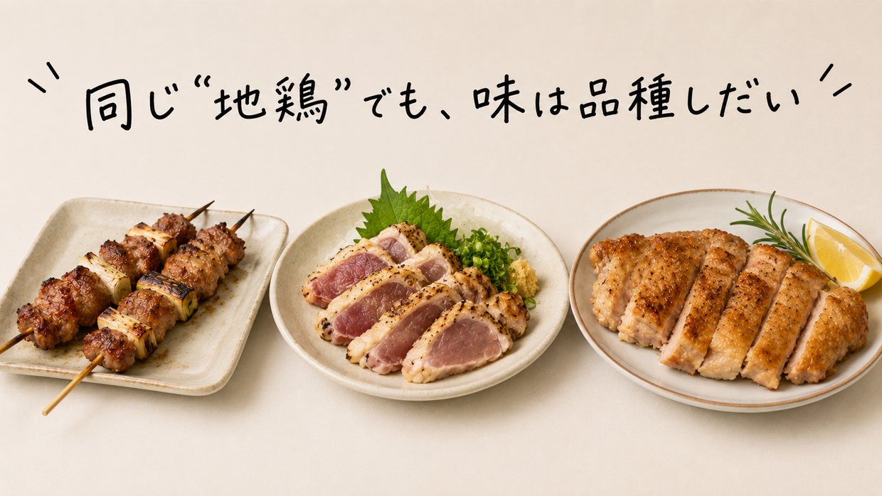 種類のちがう数種類の地鶏肉(焼いた串と生肉)を並べた実写写真。黒い手書きの文字で「同じ“地鶏”でも、味は品種しだい」
