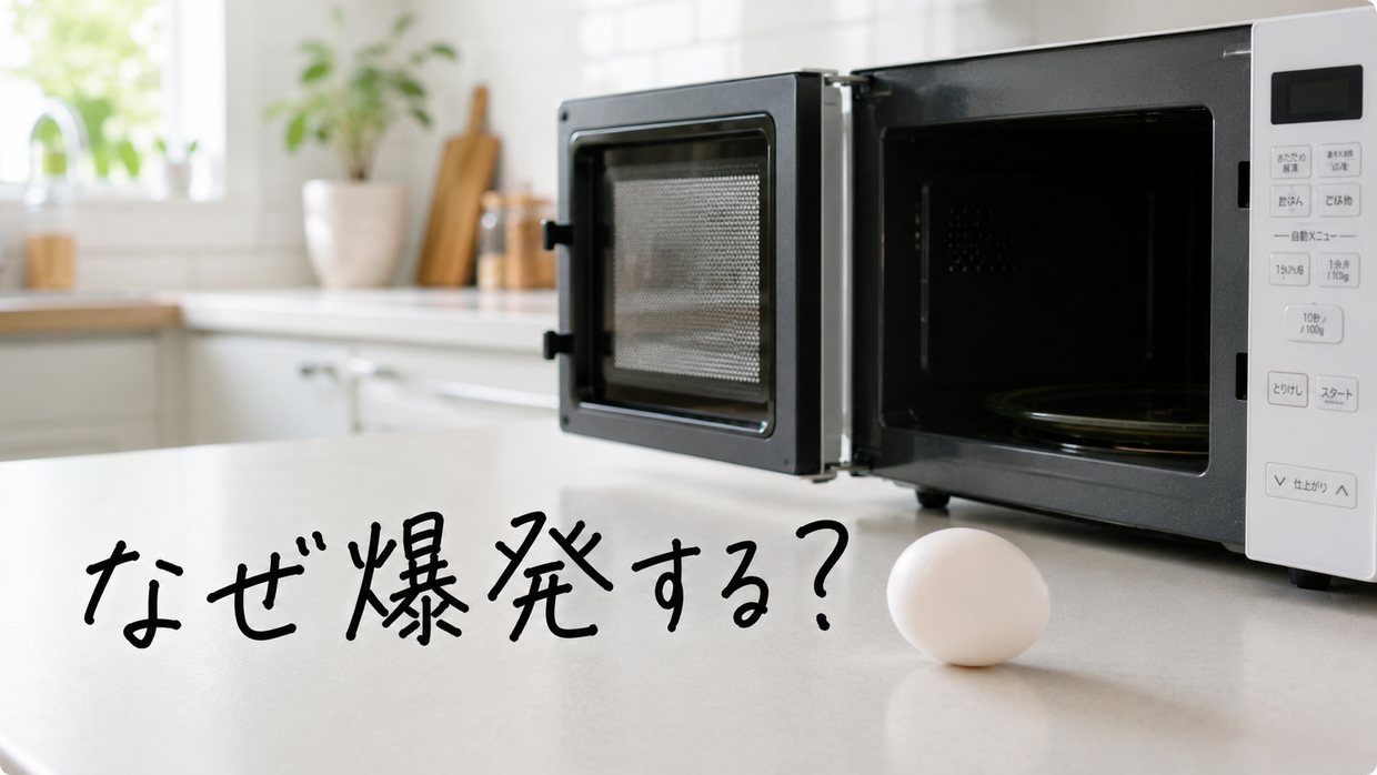 電子レンジの前に置かれた卵に、「なぜ爆発する？」と手描きで問いかける。レンジで卵を温める場面