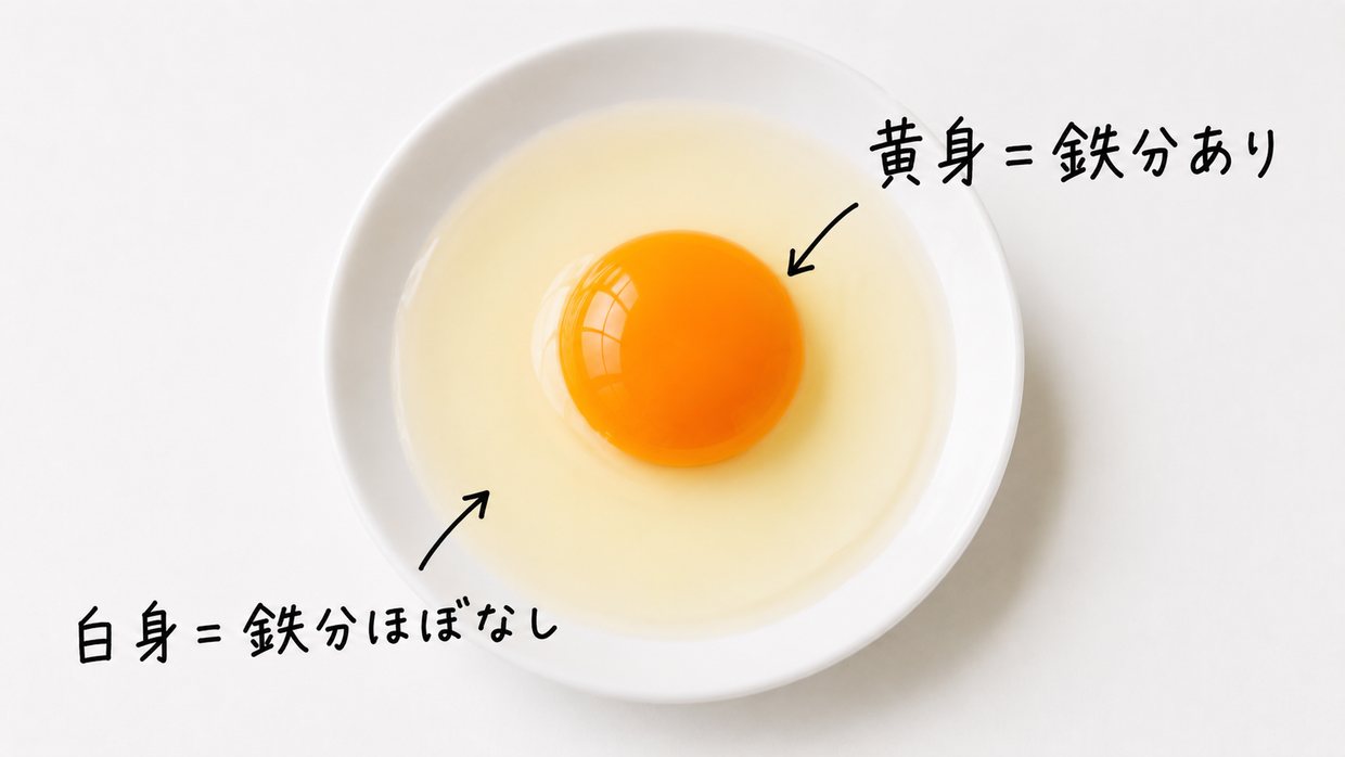 割った生卵の白身と黄身。白身は鉄分が乏しく菌が増えにくい、黄身には鉄分があると手書きで示す