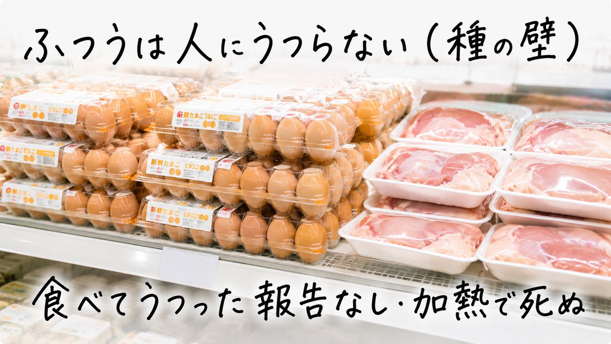 スーパーの売り場に並ぶパック入りの卵と鶏肉の実写写真に、手書きの文字で「ふつうは人にうつらない（種の壁）」「食べてうつった報告なし・加熱で死ぬ」と書かれている。