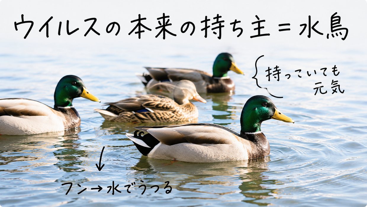 湖に集まるカモの群れの実写写真に、手書きの文字で「ウイルスの本来の持ち主＝水鳥」「持っていても元気」、フンから水へ広がる矢印に「フン→水でうつる」と書かれている。