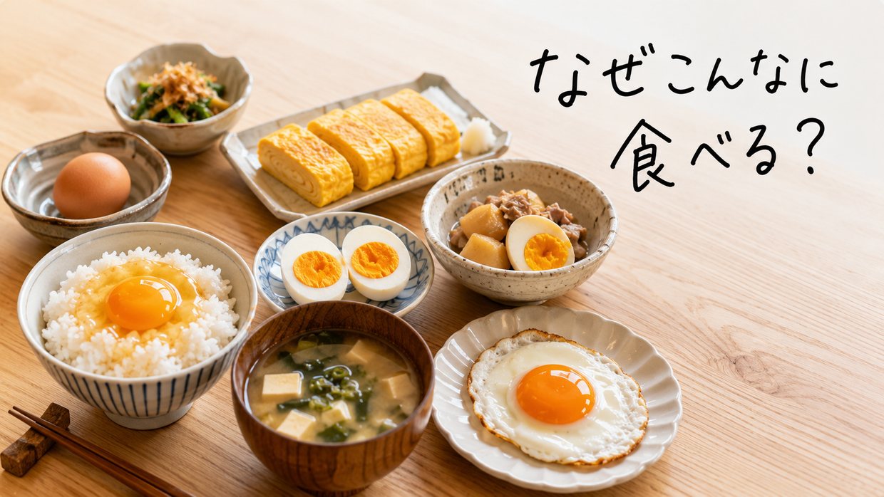 卵焼き・卵かけご飯・ゆで卵など卵料理が並ぶ食卓の実写写真。手書きの文字で「なぜこんなに食べる？」