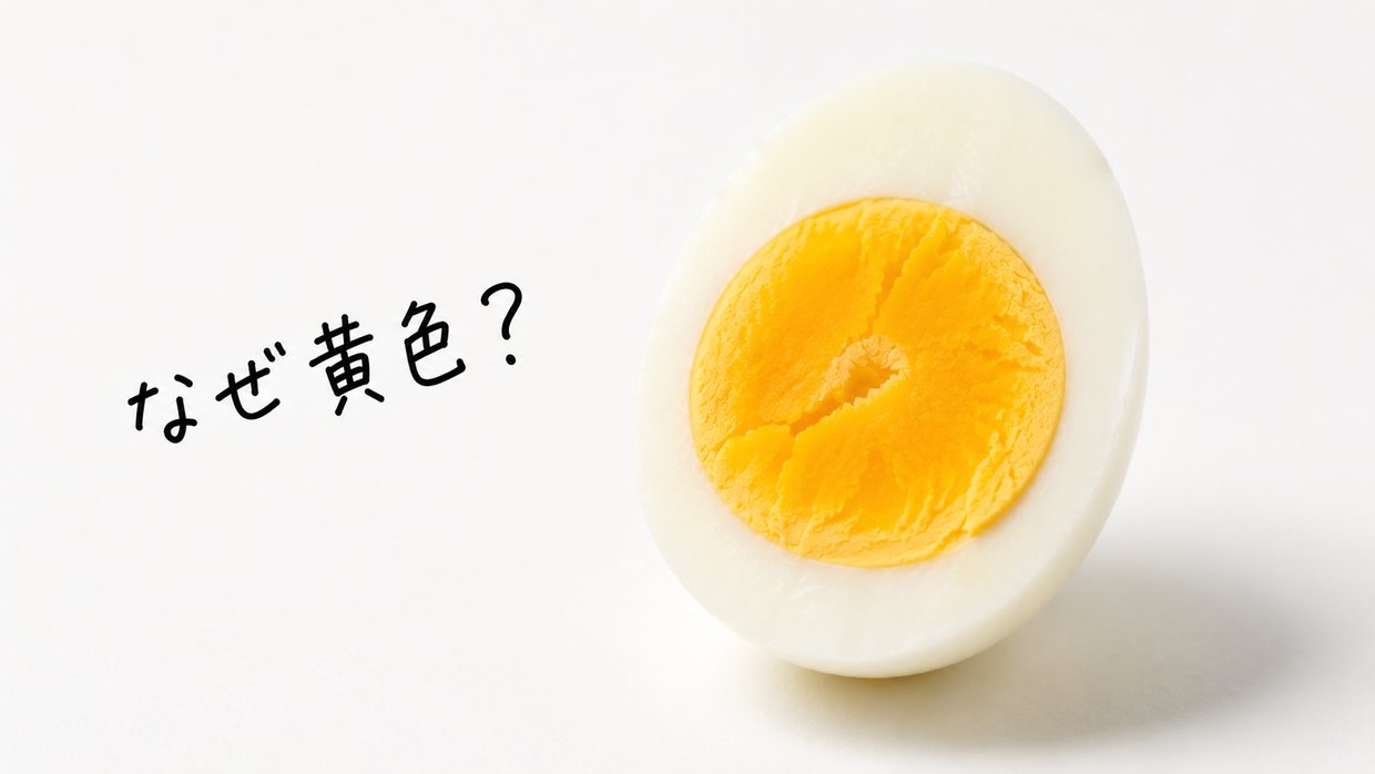 半分に割った卵から、鮮やかな黄色の黄身がのぞく。上に手書きで「なぜ黄色？」