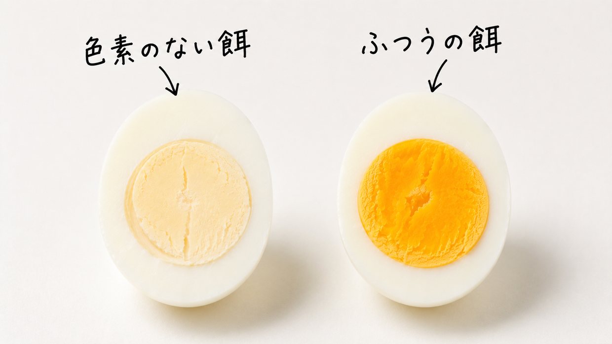 淡くほとんど白に近い黄身と、ふつうの黄色い黄身を並べた写真。白い側に手書きで「色素のない餌」